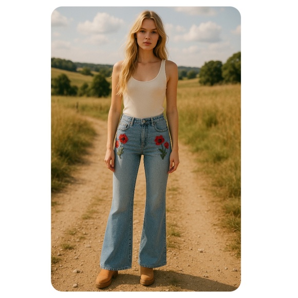 MISS SIXTY Light Blue Flare Jeans with Red Floral Embroidery Size 26 - Picture 2 of 16